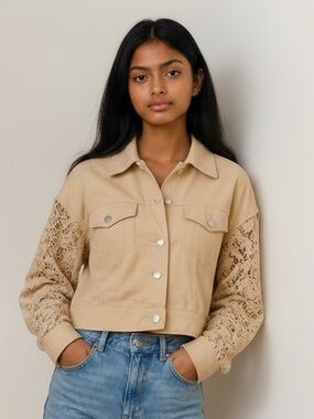 INC International Concepts Beige Cropped Jacket with Lace Sleeves
